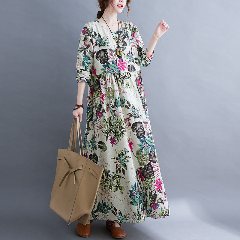 Sarah Express Women's Plus Size Printed Maxi Dress Long Sleeve Cotton Blend Literary Sweet Style