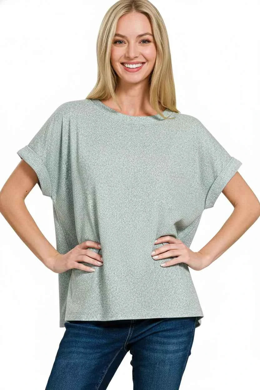 Sarah Express Women's Soft Melange Hacci Short Sleeve Round Neck Top