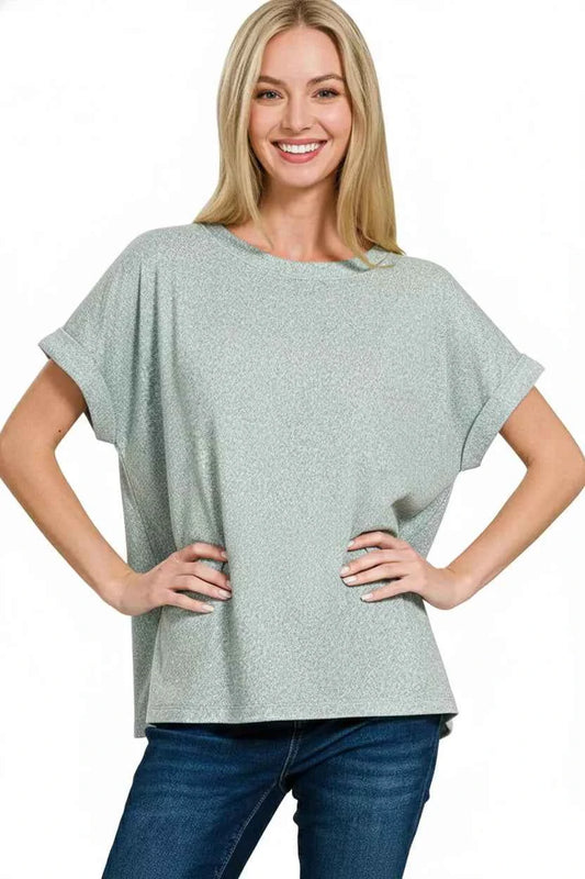 Sarah Express Women's Soft Melange Hacci Short Sleeve Round Neck Top