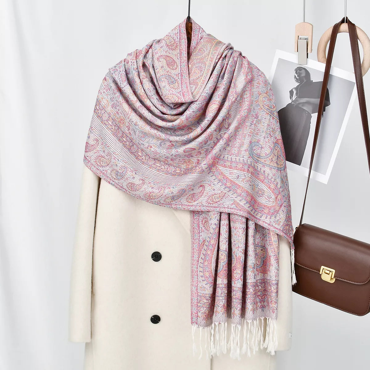 Sarah Express Women's Paisley Patterned Raw Hem Scarf Dusty Pink One Size