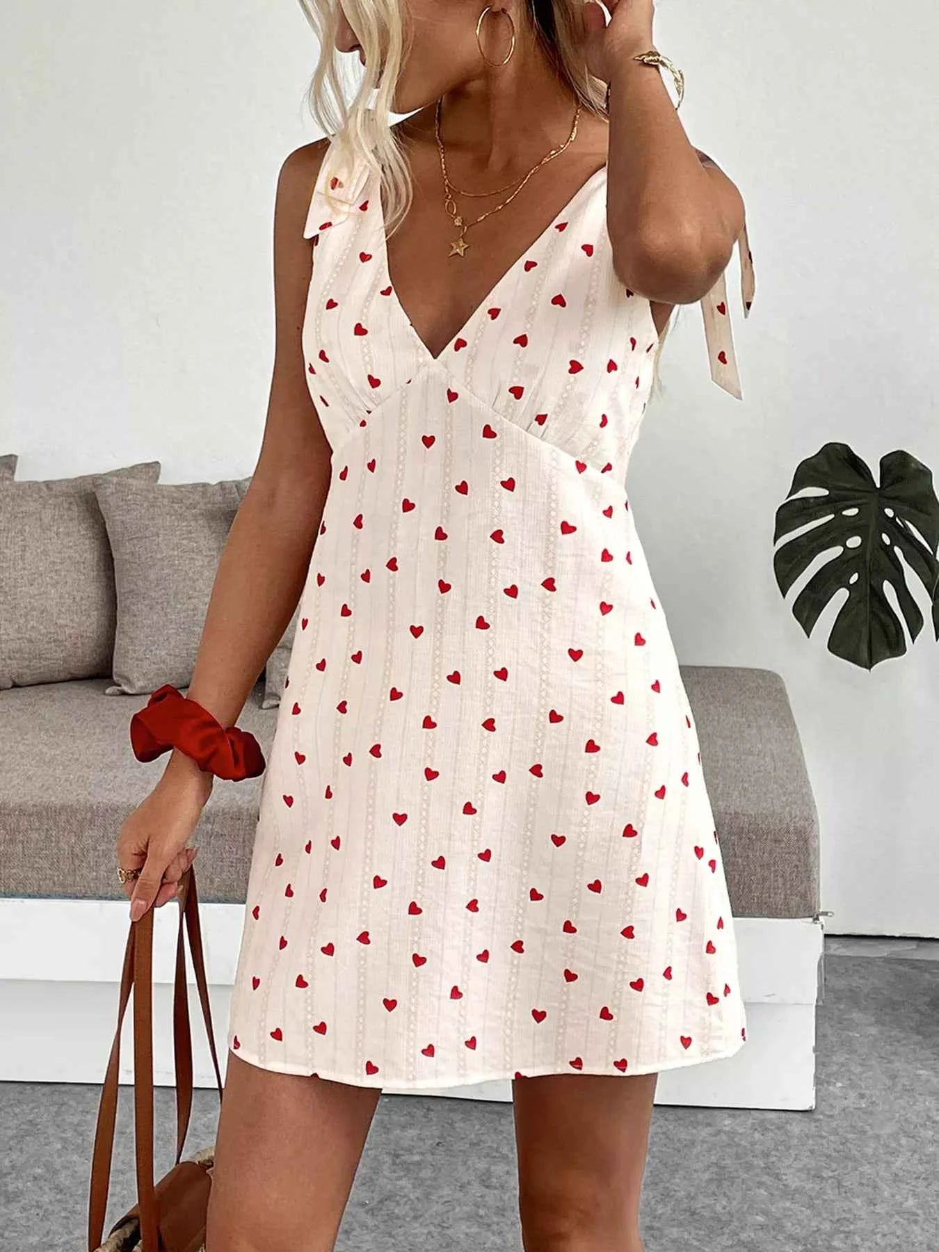 Sarah Express Women's Heart Print Tie Shoulder A-Line Mini Dress