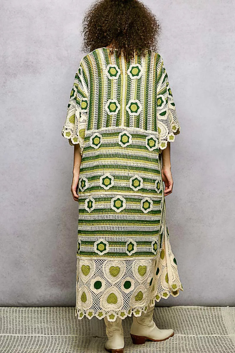 Sarah Express Women's Striped and Floral Pattern Crochet Longline Cardigan