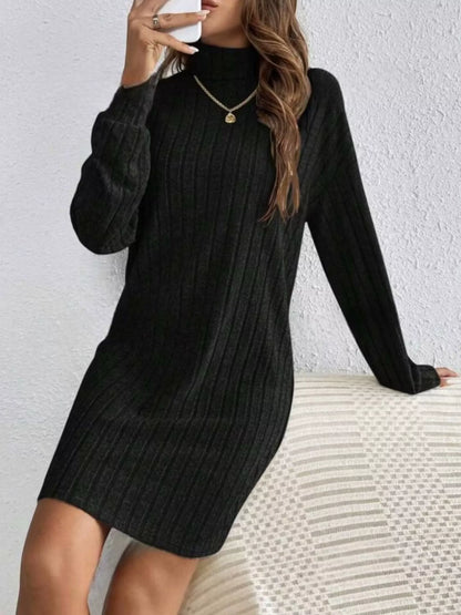 Sarah Express Women's Ribbed Knit Turtleneck Mini Dress - Long Sleeve Bodycon Sweater Dress