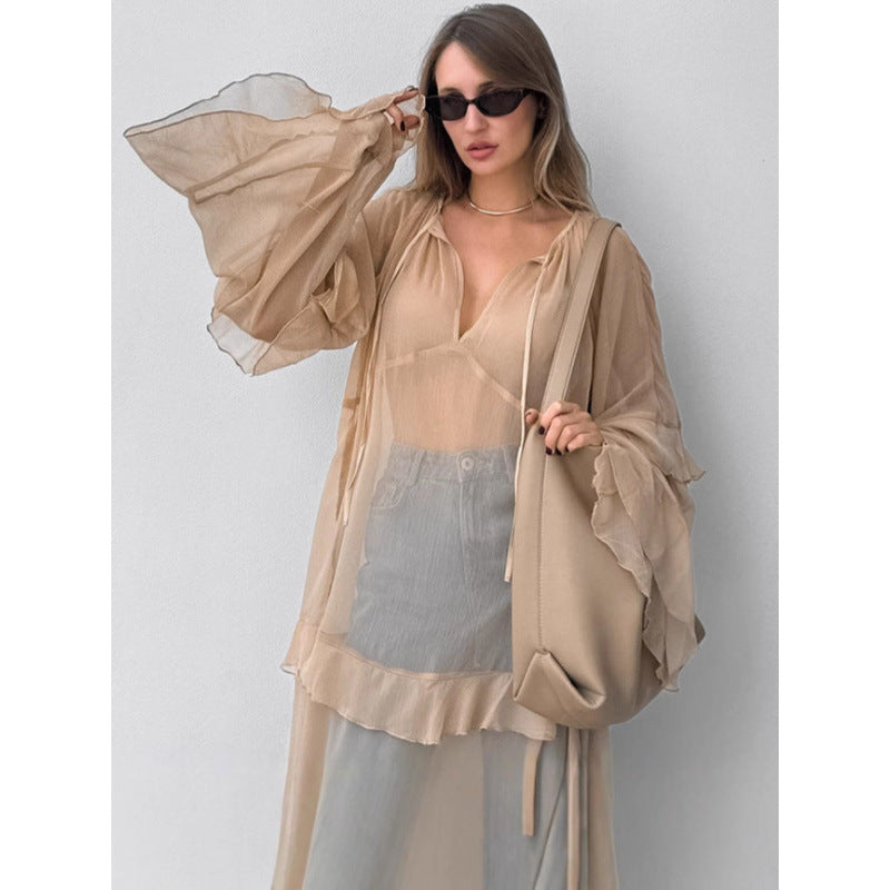 Women's Khaki Ruffled Long Sleeve Dress