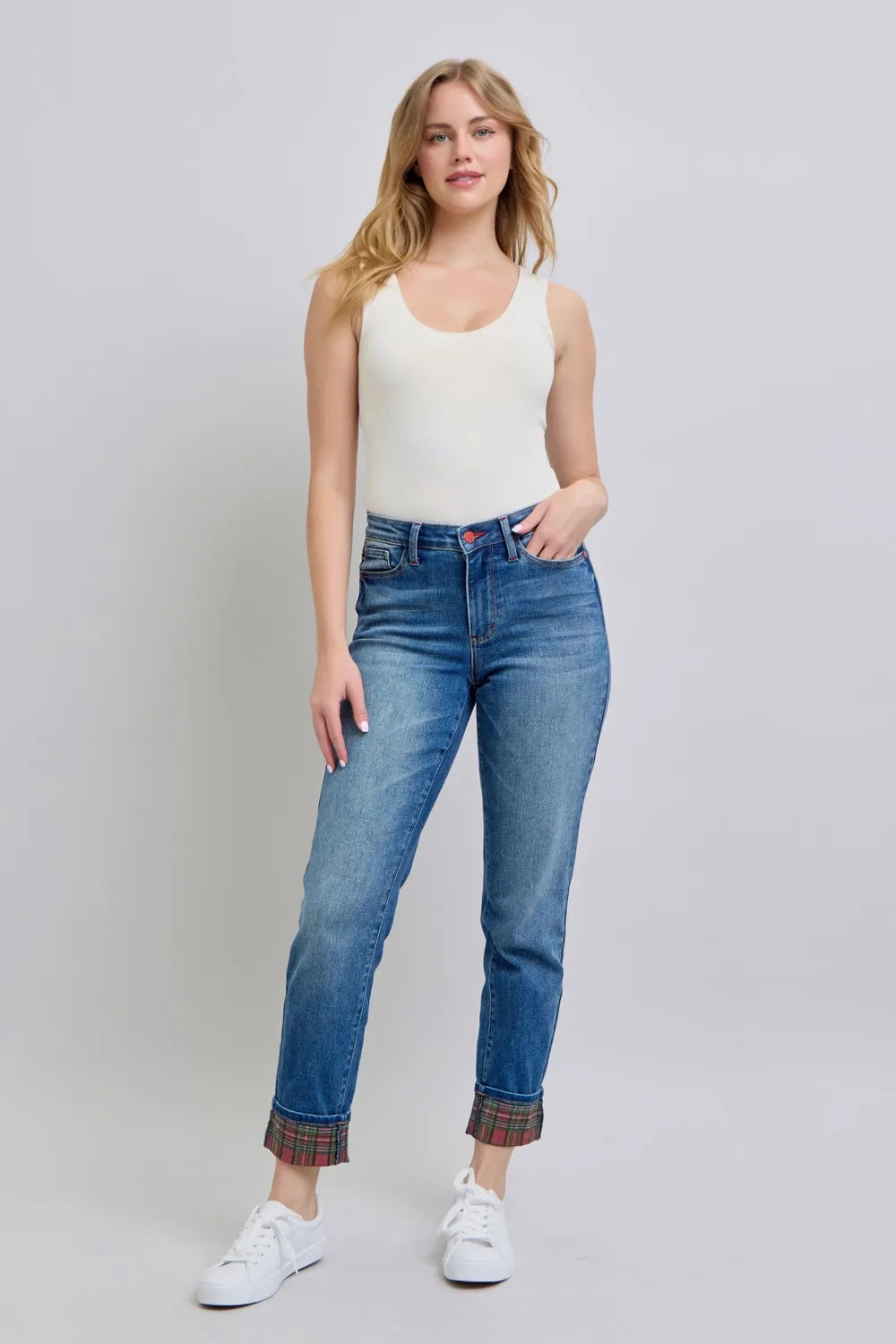 Sarah Express Women’s Plus Size Straight Leg Jeans with Plaid Cuff
