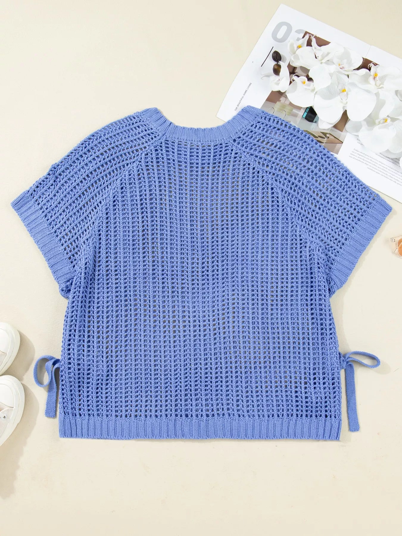 Sarah Express Women's Plus Size Open Knit Bow Tie Short Sleeve Sweater