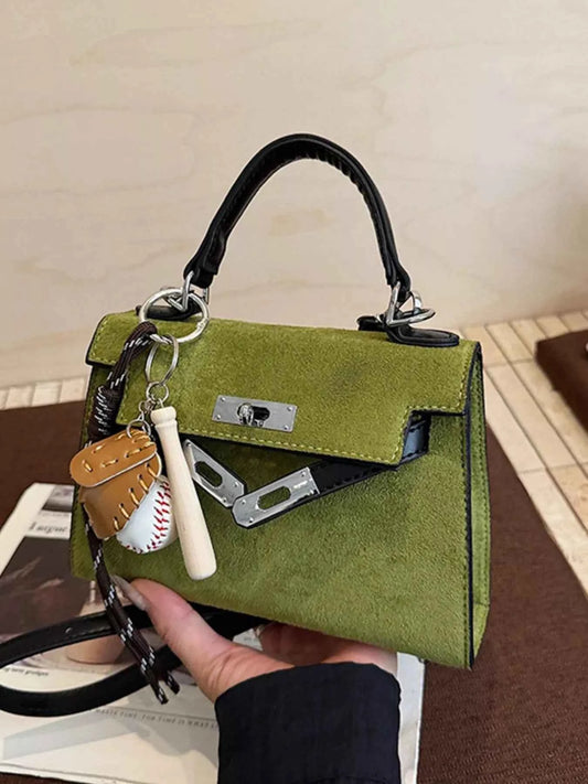 Sarah Express Women's Mini Crossbody Bag with Baseball Charm - Suede Shoulder Bag Green ONESIZE
