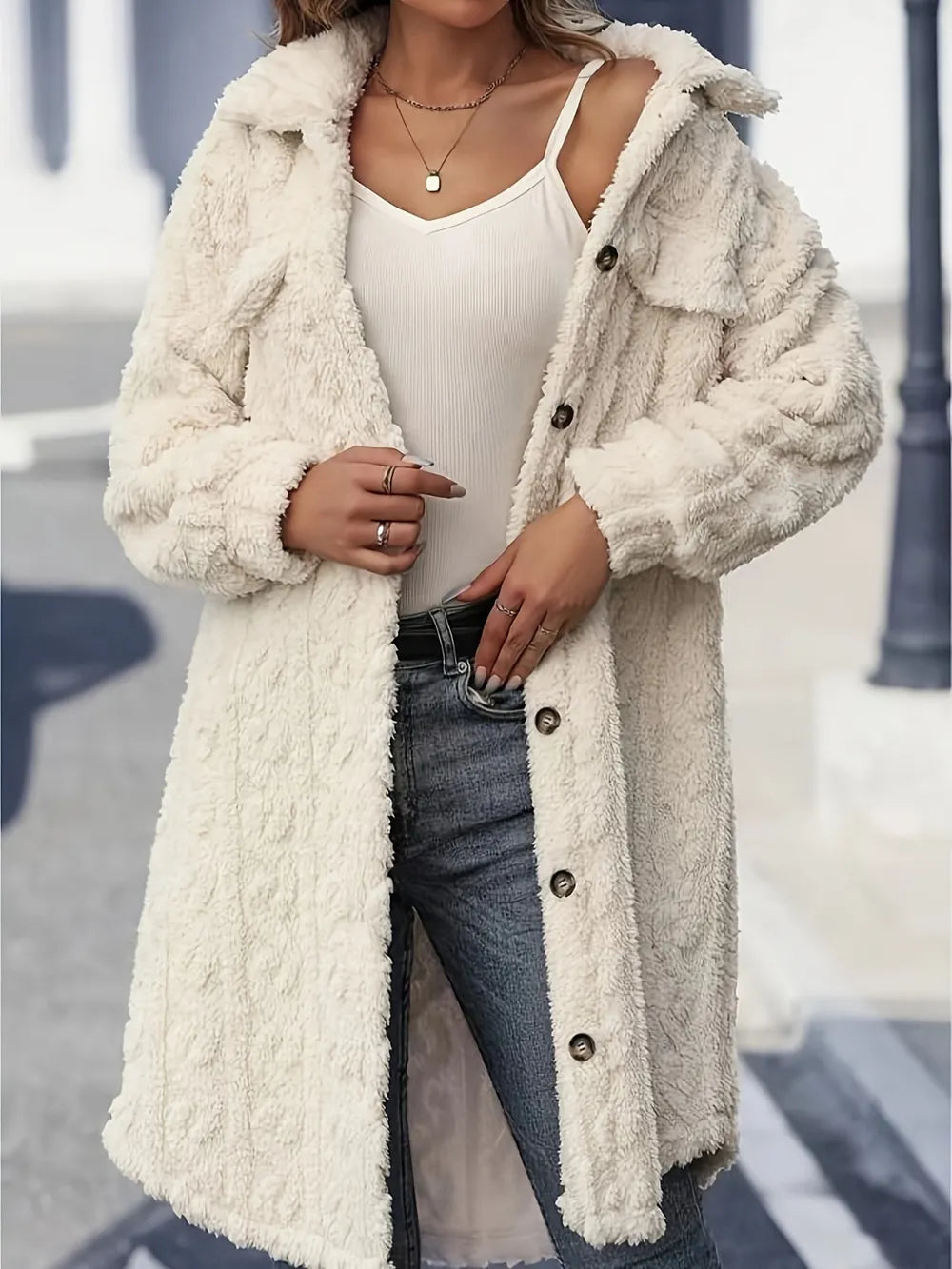 Sarah Express Women's Fuzzy Button Up Long Sleeve Longline Coat