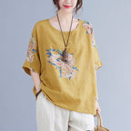 Sarah Express Women's Cotton Linen Printed Top Oversized Short Sleeve Summer Casual Relaxed Fit