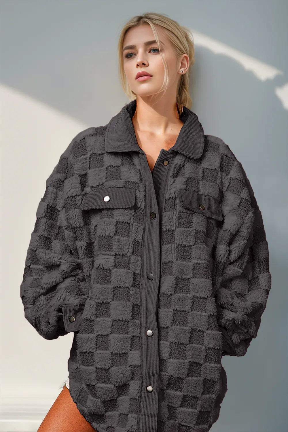 Sarah Express Women's Fuzzy Checkered Button-Up Shacket Pocketed Fall Winter Casual Layering Jacket