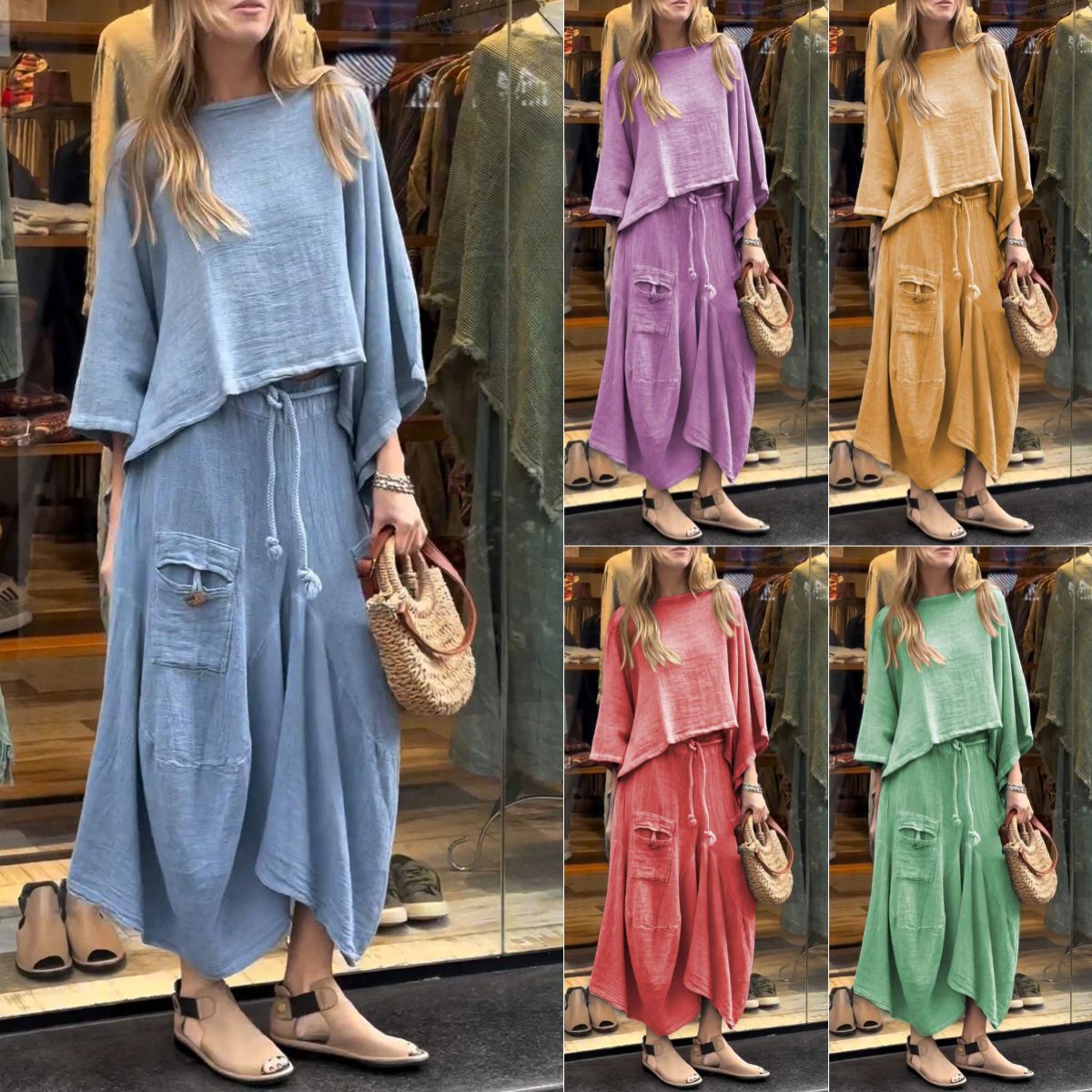 Sarah Express Women's Casual Solid Two Piece Set Loose Top Pants Outfit