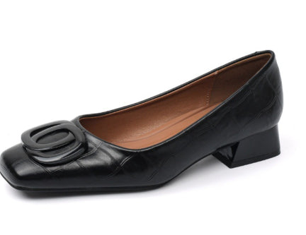 Sarah Express Womens Retro Square-Toe Sheepskin Leather Chunky Heel Pumps | Low Heel Slip-On Dress Shoes