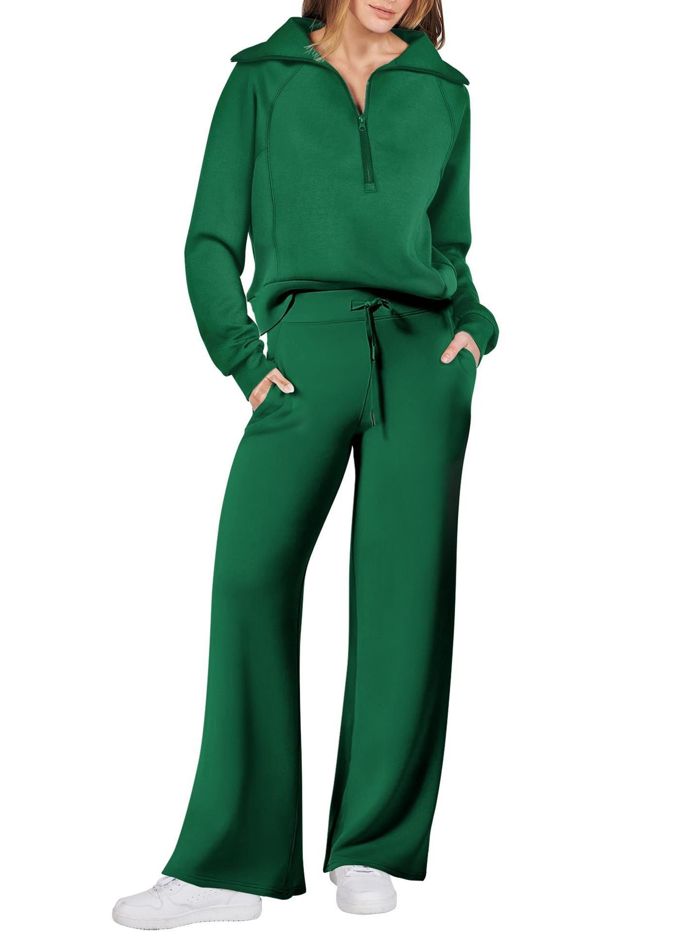 Sarah Express Women's Long Sleeve Zipper Sweatshirt and Wide-Leg Pants Athleisure Set