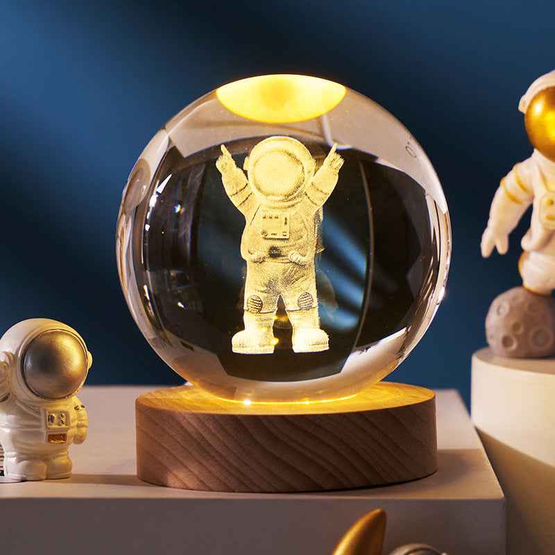 Sarah Express 3D Crystal Ball Night Light - Luminous Planetary Moon Galaxy Projection Lamp with Wooden Base Solid Wood Lamp Holder Single Astronaut 6CM