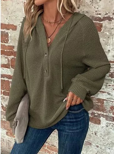 Sarah Express Women's Waffle Knit Button Detail Hoodie