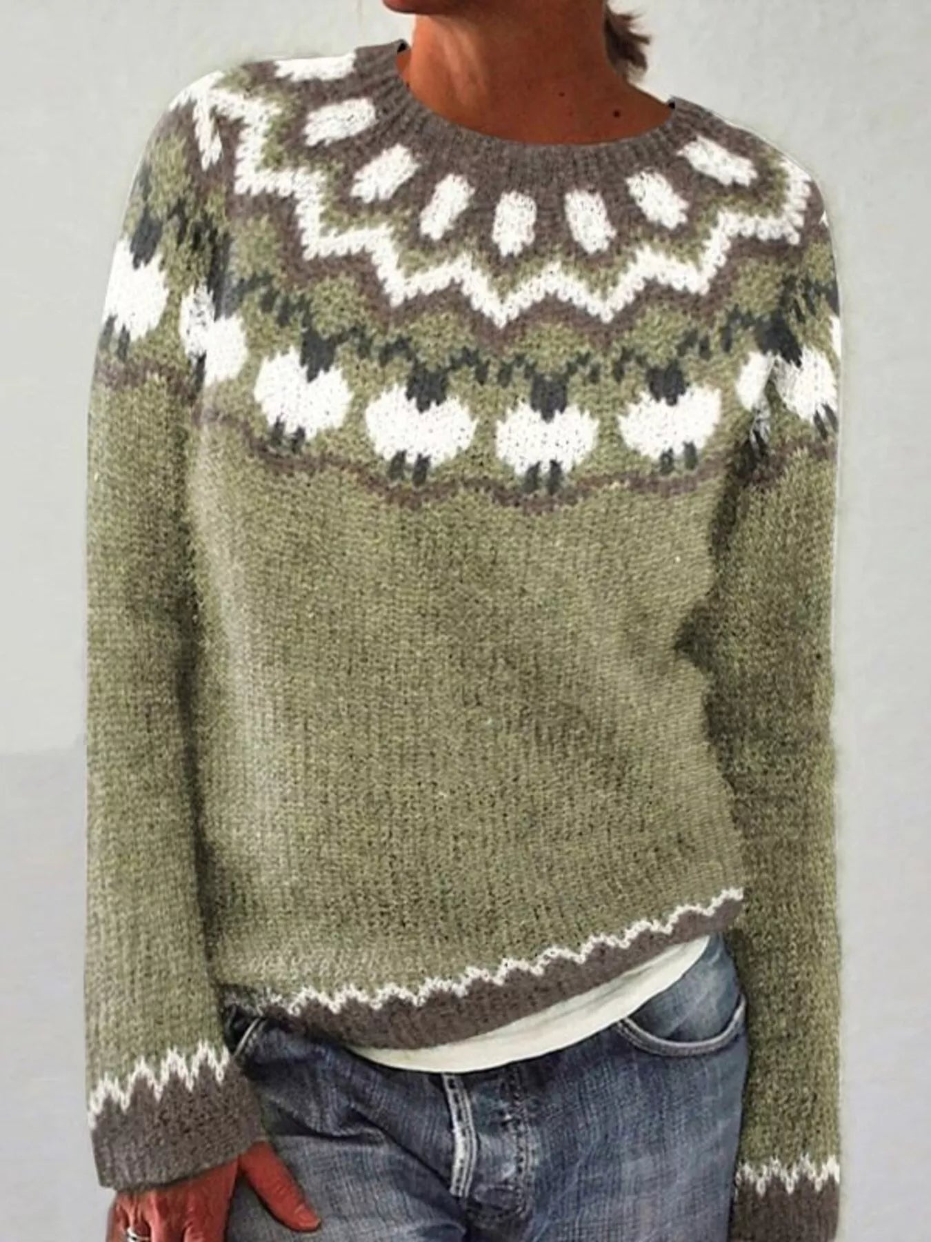 Sarah Express Women's Vintage Patterned Round Neck Sweater Plus Size Matcha Green