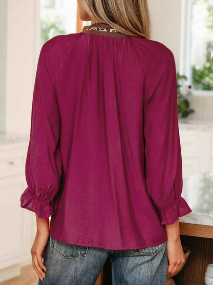 Sarah Express Women's Leopard Trim V-Neck Blouse - Flounced Bracelet Sleeve Top