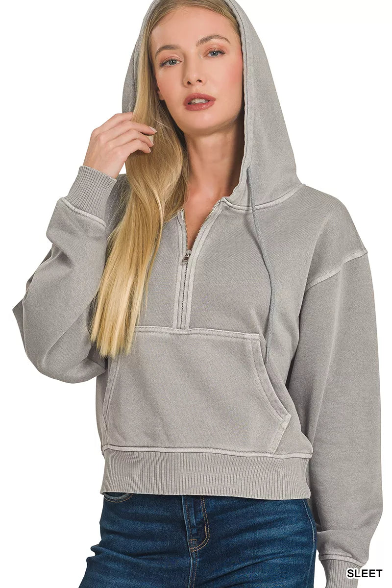 Sarah Express Women's Fleece Pigment Dye Half Zip Kangaroo Pocket Hoodie