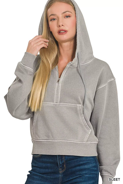 Sarah Express Women's Fleece Pigment Dye Half Zip Kangaroo Pocket Hoodie