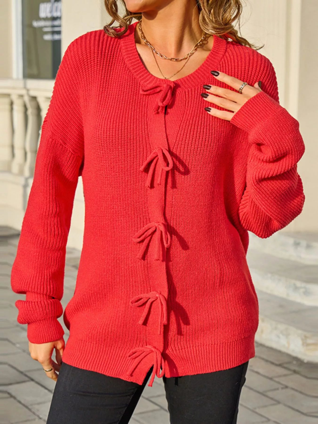 Sarah Express Women's Ribbed Knit Bow-Tie Cardigan - Premium Button-Up Sweater