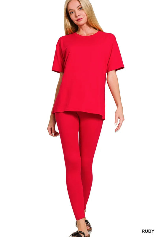 Sarah Express Women's Brushed Microfiber Short Sleeve Top and Pants Loungewear Set RUBY