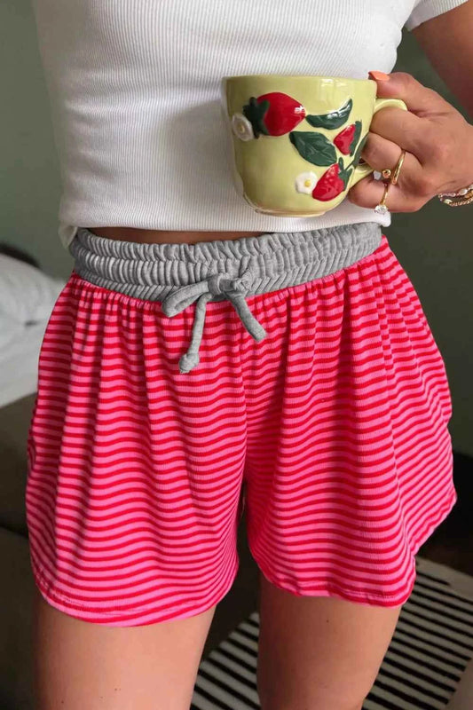 Sarah Express Women's Stripe Contrast Elastic Waist Casual Ribbed Shorts Strawberry