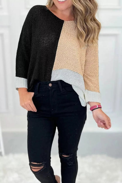 Sarah Express Women's Color Block Knit V Neck Loose Sweater - Ribbed Oversized Pullover