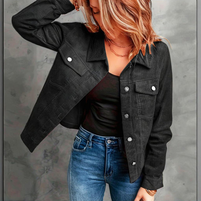 Sarah Express Women's Corduroy Button-Up Jacket Lightweight Fall Spring Outerwear Flap Pockets