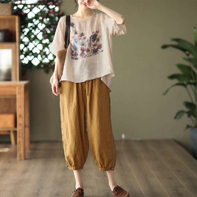 Sarah Express Vintage Ink Print High-Low Hem T-Shirt Hemp Blend Short Sleeve