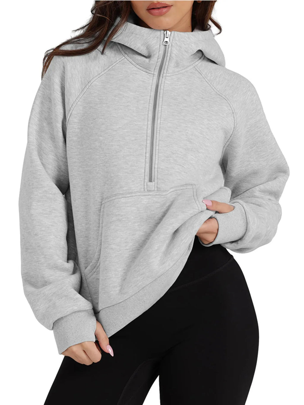Sarah Express Women's Half-Zip Hoodie with Kangaroo Pocket - Casual Activewear Pullover Light Gray
