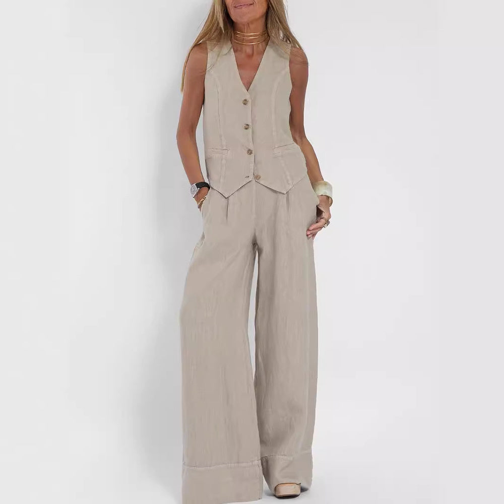 Sarah Express Women's V-Neck Button Vest and Straight Pants Two Piece Set