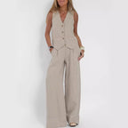 Sarah Express Women's V-Neck Button Vest and Straight Pants Two Piece Set