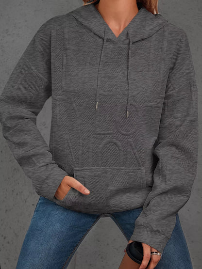 Sarah Express Women's Textured Embossed Long Sleeve Hoodie Plus Size Dark Gray