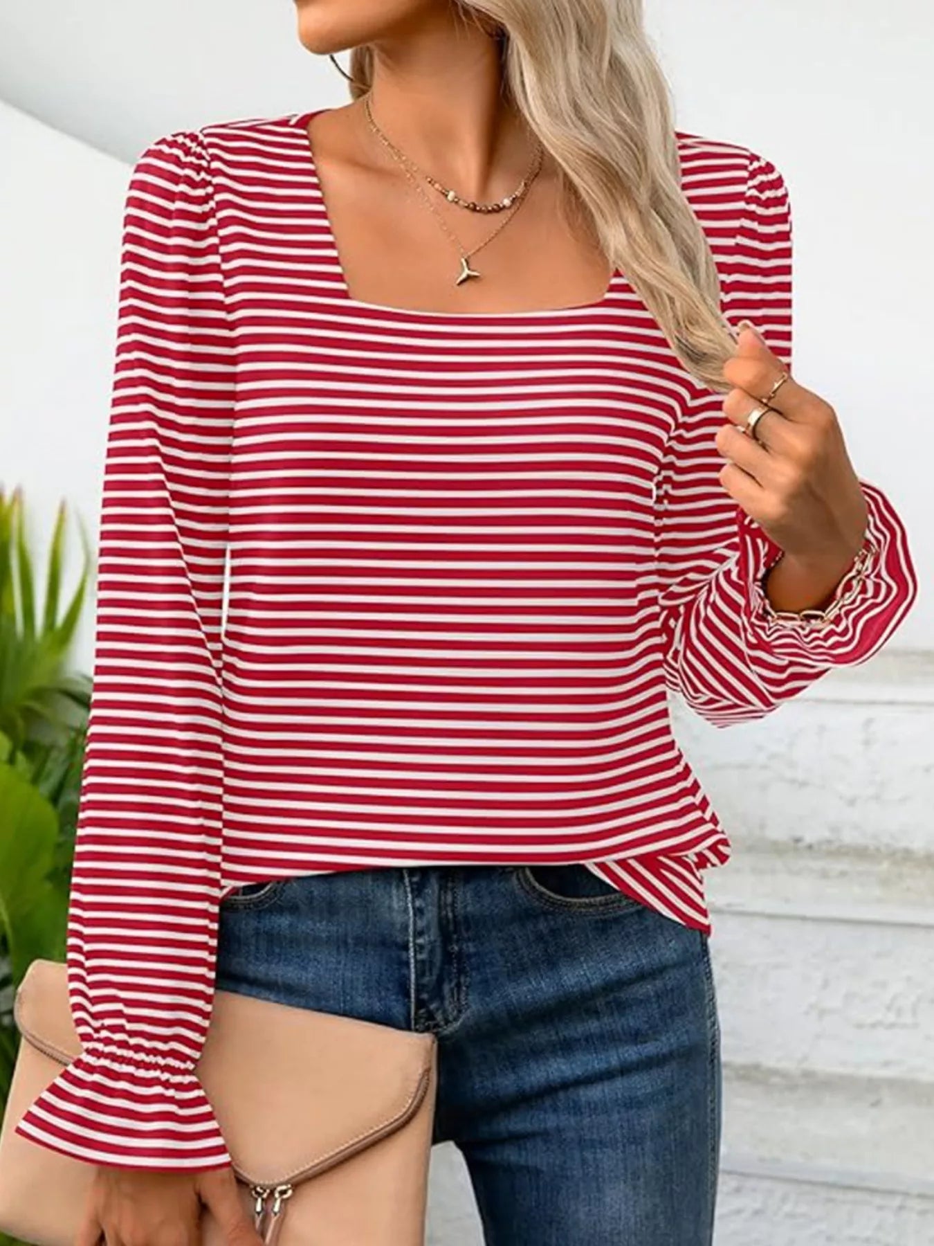 Sarah Express Women's Striped Long Sleeve T-Shirt with Square Neckline Red