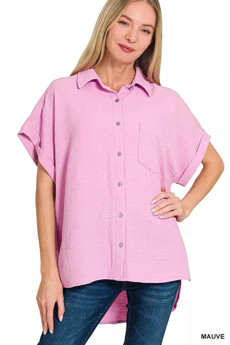 Sarah Express Women's Woven Airflow Button Down Shirt - Breathable Lightweight Blouse MAUVE