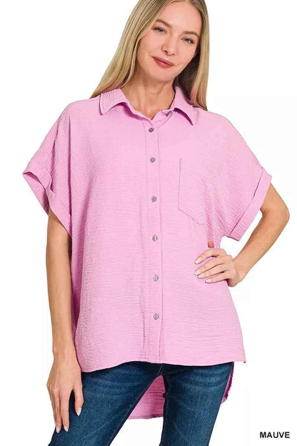 Sarah Express Women's Woven Airflow Button Down Shirt - Breathable Lightweight Blouse MAUVE
