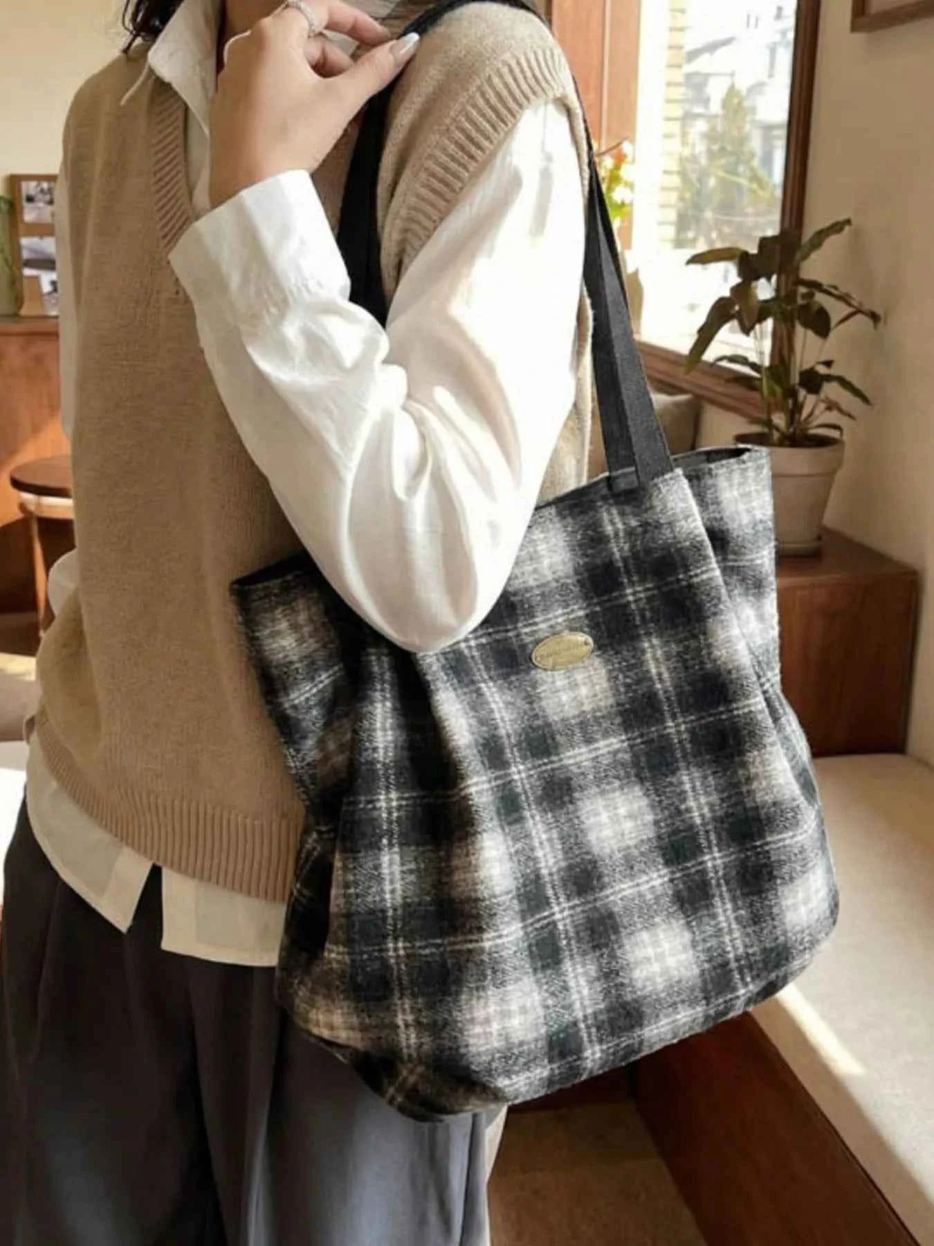 Plaid Pattern Casual Tote Bag
