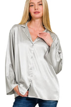 Sarah Express Women’s Silver Metallic Satin Button-Down Shirt Casual Work