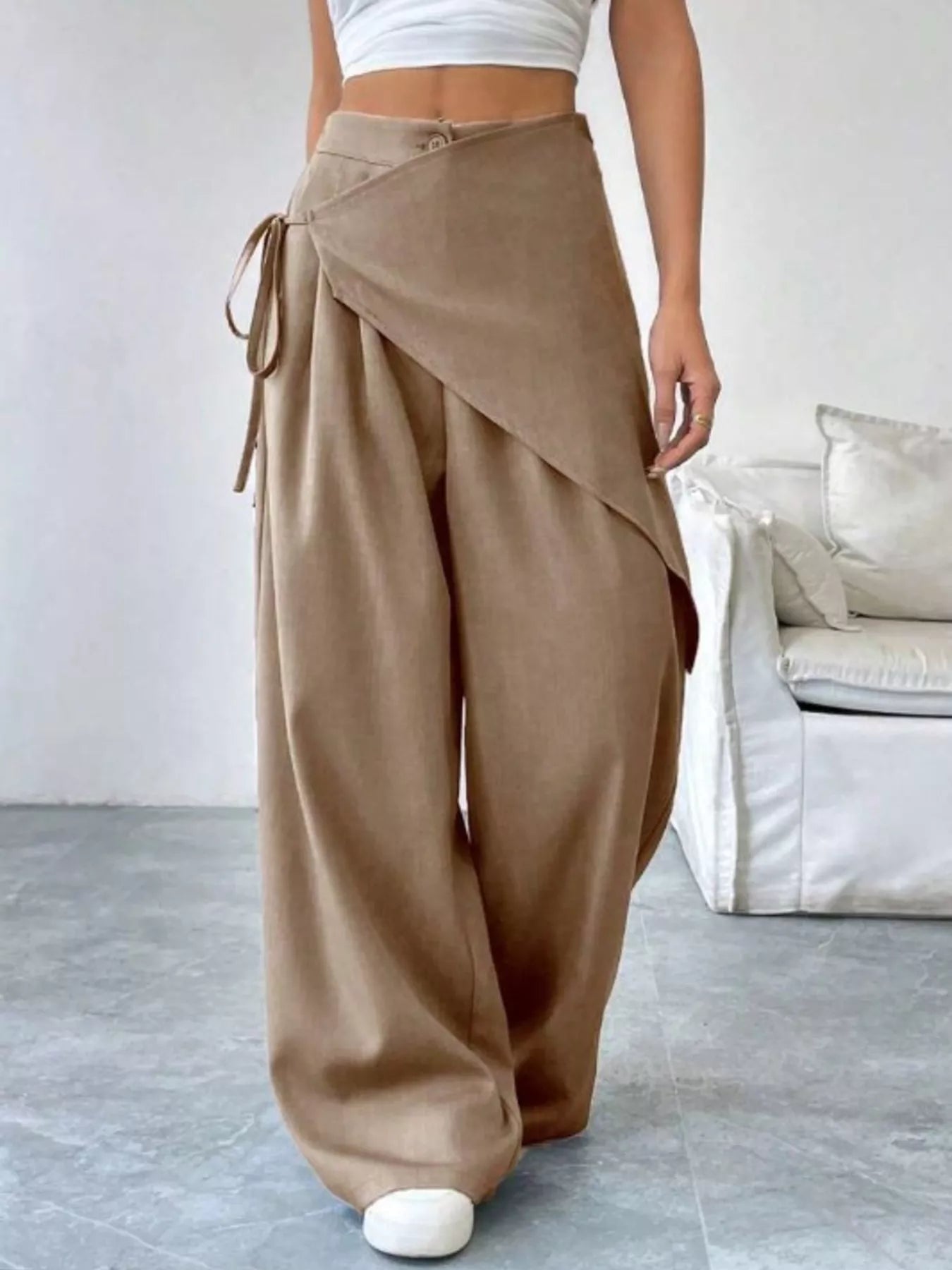 Sarah Express Women's Wrap-Front Wide-Leg Pants with Pockets Khaki