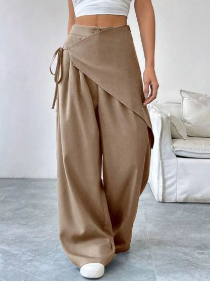 Sarah Express Women's Wrap-Front Wide-Leg Pants with Pockets Khaki