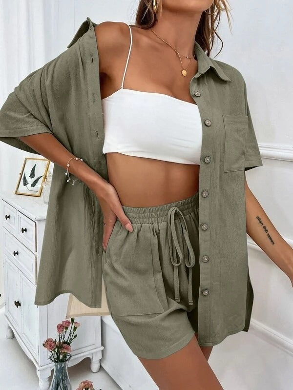 Sarah Express Women's Two-Piece Shirt & Shorts Set - Solid Color Cotton Coordinated Suit