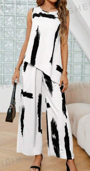 Sarah Express Women's Printed Sleeveless Tank Top Long Pants Two-Piece Set