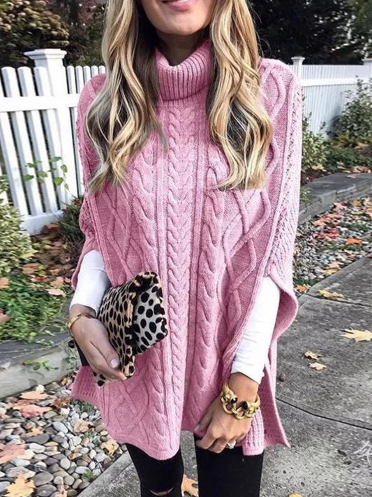Sarah Express Women's Chunky Cable Knit Turtleneck Poncho - Cozy Oversized Sweater Cover Up Pink