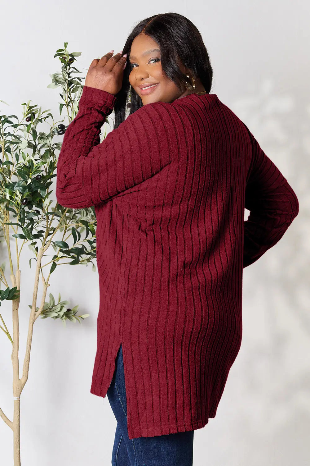 Sarah Express Women's Ribbed Long Sleeve Top with Slit Detail - Basic Bae Burgundy