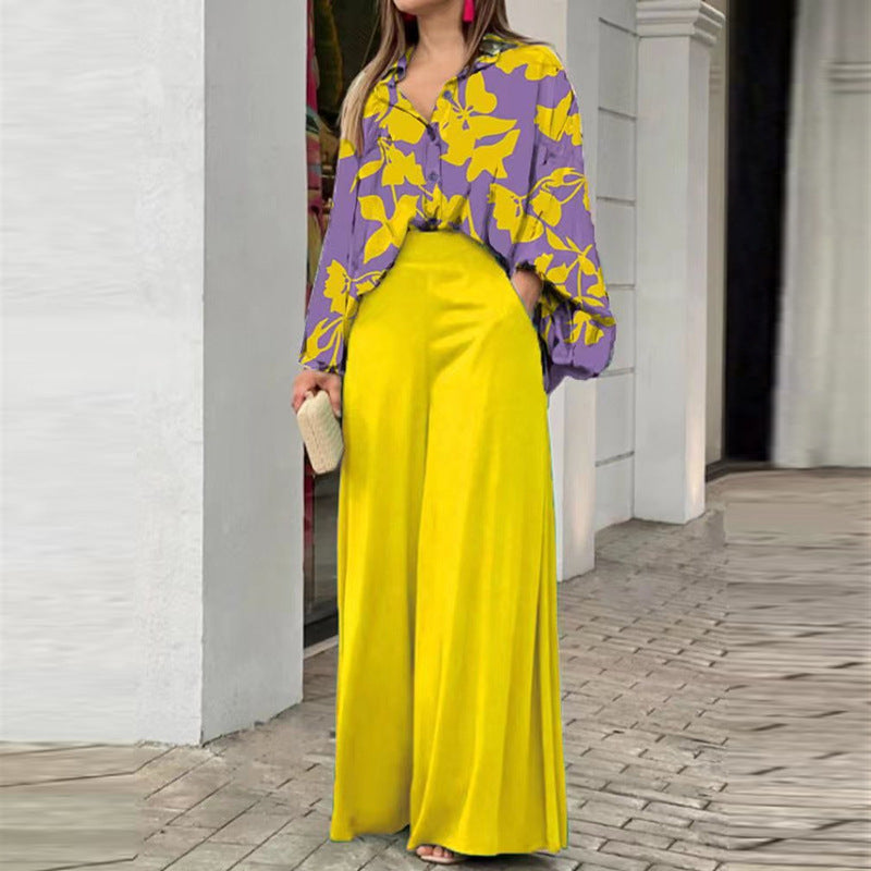 Women's Loose Elegant Printed Shirt and Wide Leg Pants Two-Piece Set