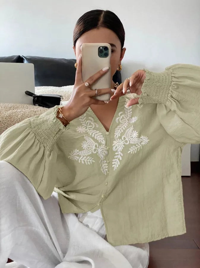 Sarah Express Women's Embroidered Notched Long Sleeve Blouse Sage