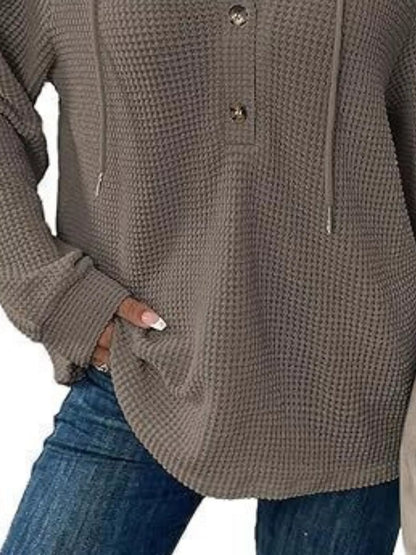 Sarah Express Women's Button Detail Waffle Knit Hoodie - Plus Size Drawstring Pullover with Pockets