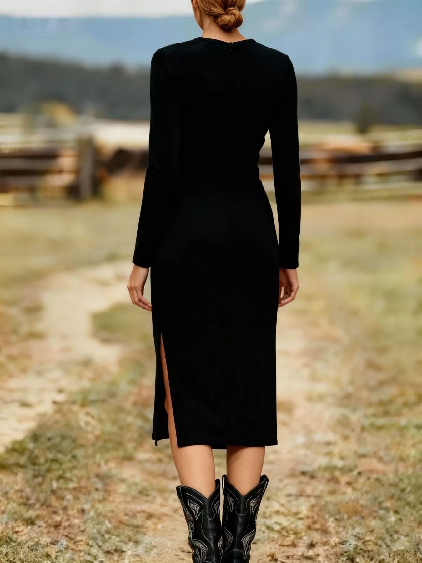 Sarah Express Women's Suede Fringe Long Sleeve Midi Dress - Boho Western Style