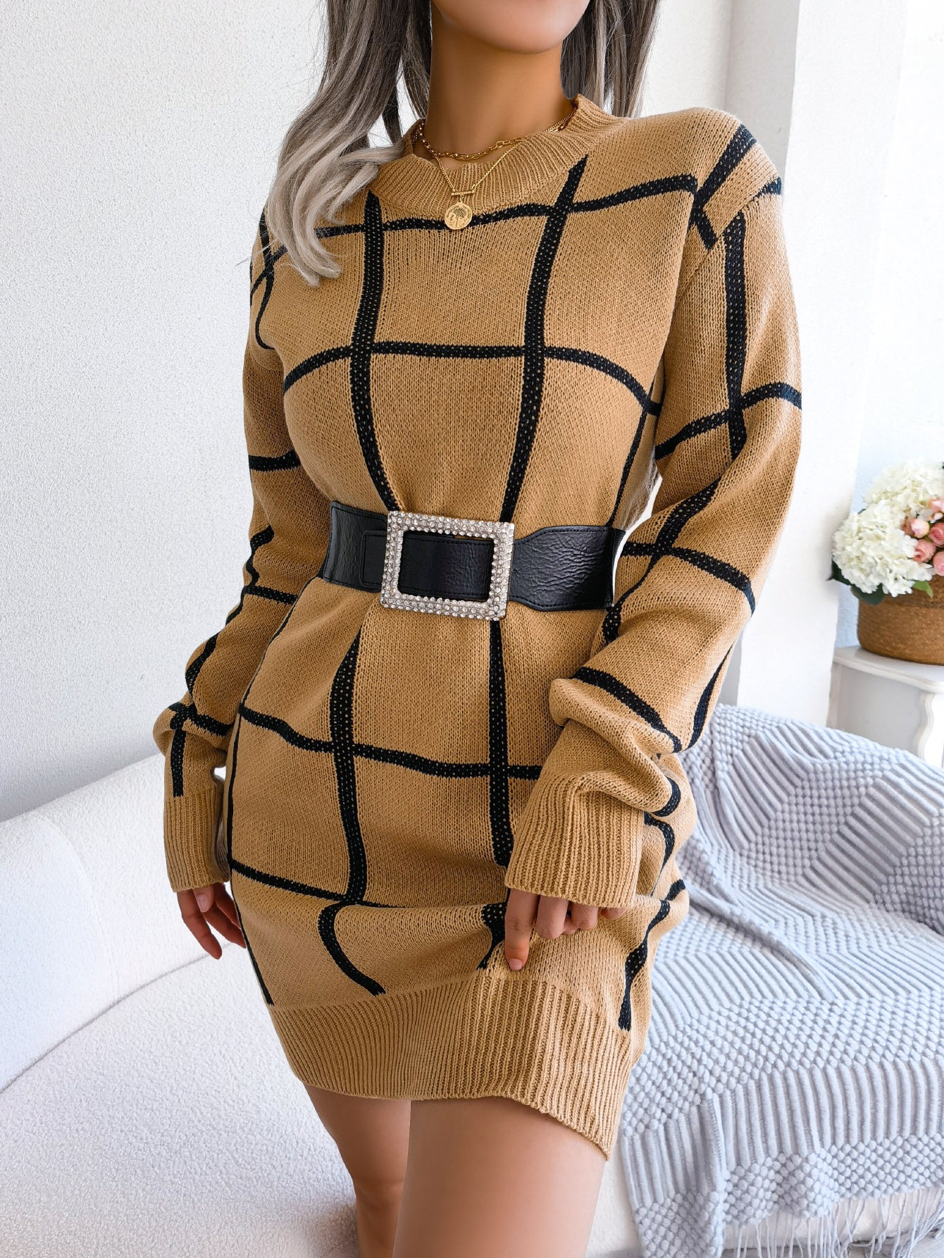 Sarah Express Women's Color Block Plaid Sweater Dress Long Sleeve Casual Knit Dress