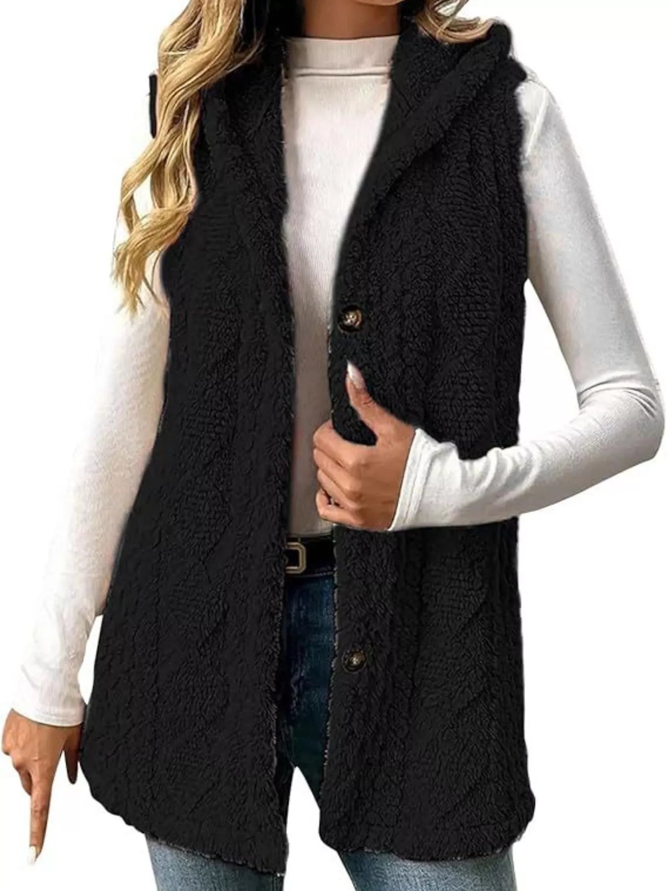 Sarah Express Women's Button-Down Sherpa Hooded Vest Coat Black